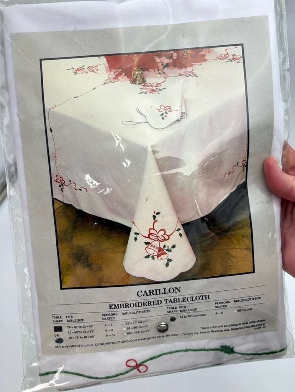 NOS Vintage Carillon Embroidered Tablecloth Christmas Holly and Bells 52 x 70 Ov